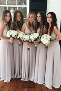 Vestidos largos de gasa sencillos hasta el suelo con espalda en V para damas de honor en bodas 