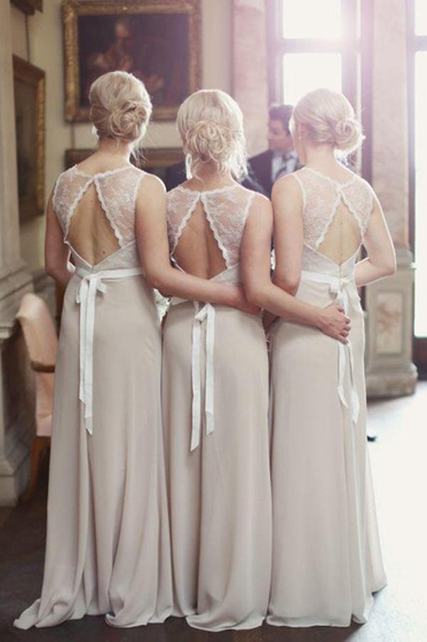 Vestidos largos de dama de honor de gasa, encaje, corte en A, escote redondo, lazos y espalda descubierta 