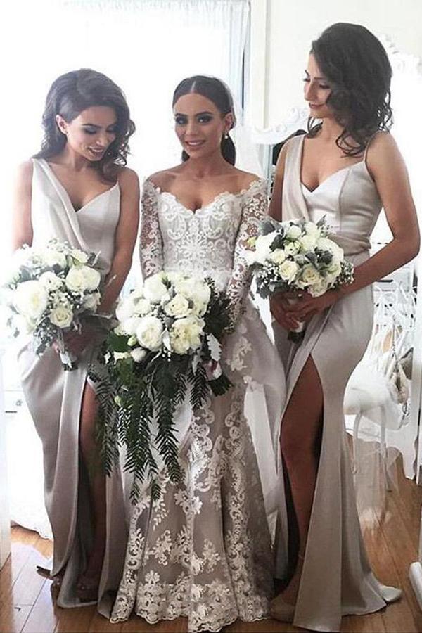 Vestidos de dama de honor largos, especiales, de satén suave, recién llegados, con abertura lateral. 
