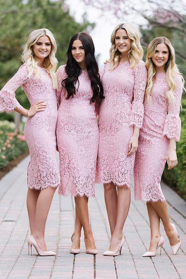 Vestidos de dama de honor rosa chicle de encaje joya hasta la rodilla y manga larga 