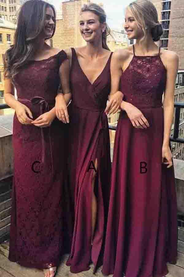 Nouvelle arrivée : robes de demoiselle d'honneur longues en mousseline de soie couleur raisin, col V, coupe trapèze et fente.