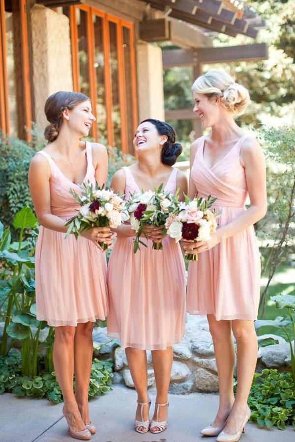 Simple Chiffon Short Pink A-line V-neck Bridesmaid Dresseses, Wedding Party Dress