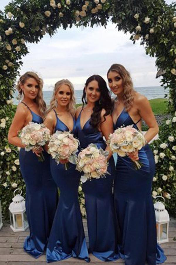Fabuloso vestido azul de sirena con tirantes finos para damas de honor, vestidos para fiestas de bodas 