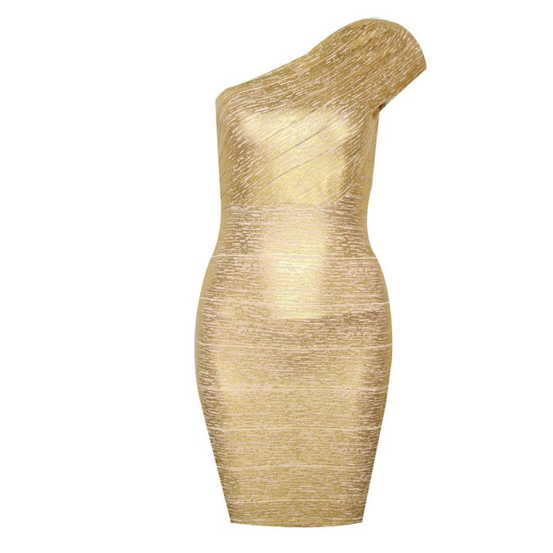 Robe moulante dorée sexy à une épaule, style bandage, idéale pour les soirées en boîte ou les bals de promo.