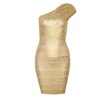 Robe moulante dorée sexy à une épaule, style bandage, idéale pour les soirées en boîte ou les bals de promo.