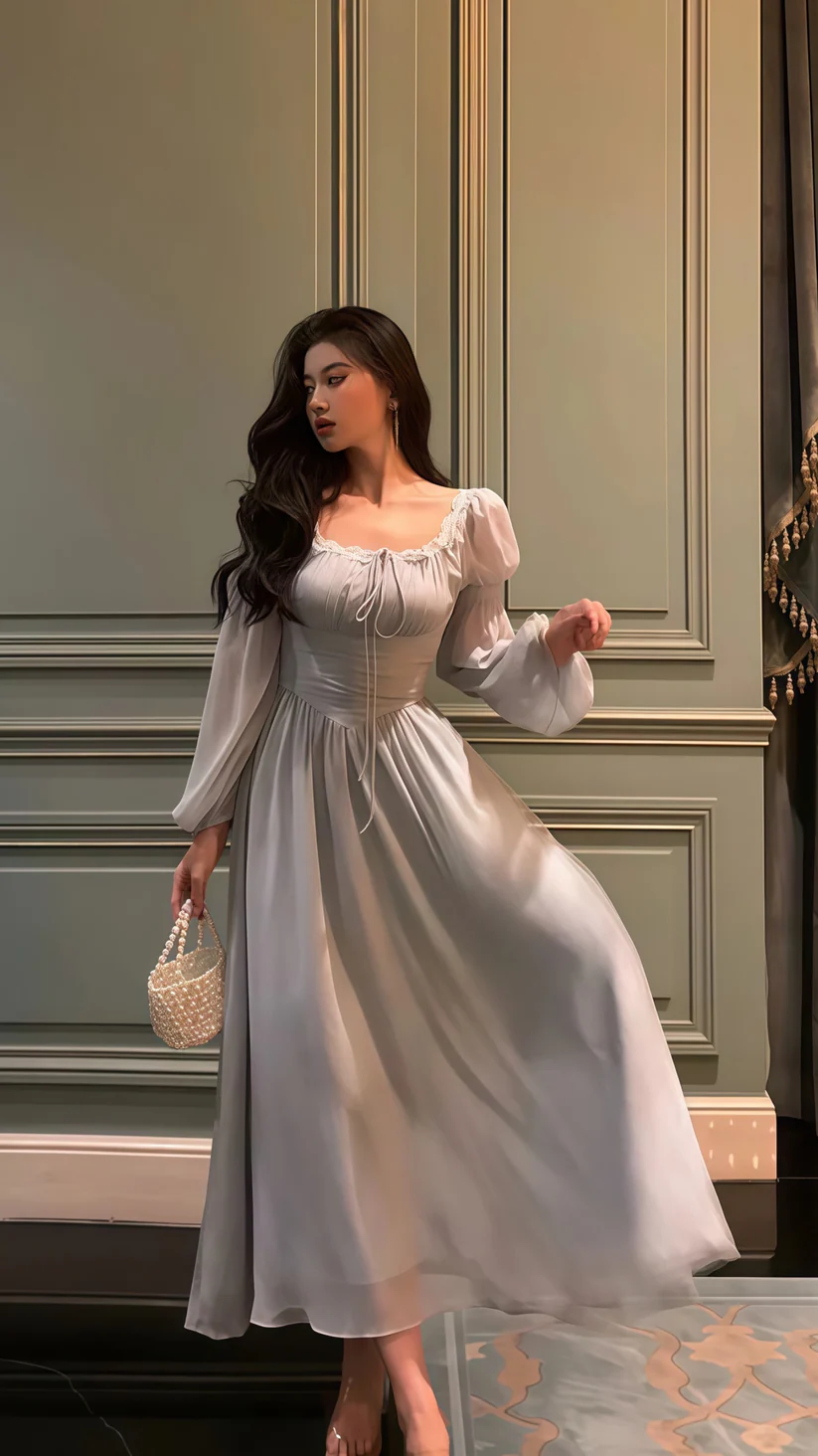 Vestido de fiesta de manga larga de gasa y encaje gris, elegante vestido de noche para baile de graduación Y8021
