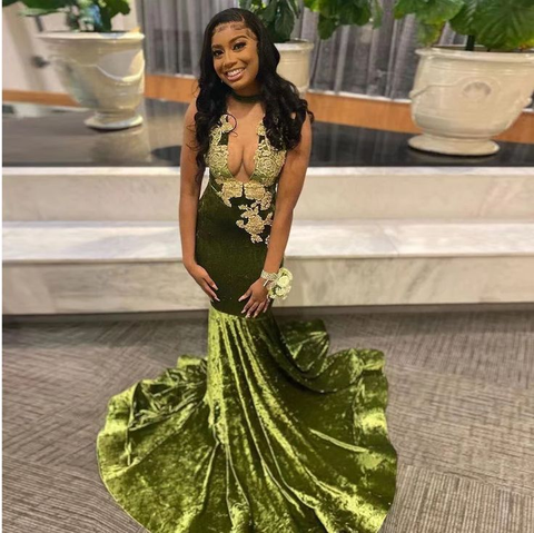 Vestido de graduación africano para chica negra, apliques de terciopelo, escote en V profundo, sexy, estilo sirena, ideal para fiestas y eventos de graduación (modelo Y6345)