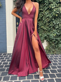 Vestidos largos de fiesta burdeos con escote en V y corte en A, vestidos largos de noche formales burdeos Y233