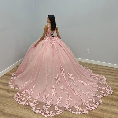Robe de bal mexicaine rose pour quinceañera avec applications de dentelle, robe pour un 15e anniversaire Y4675