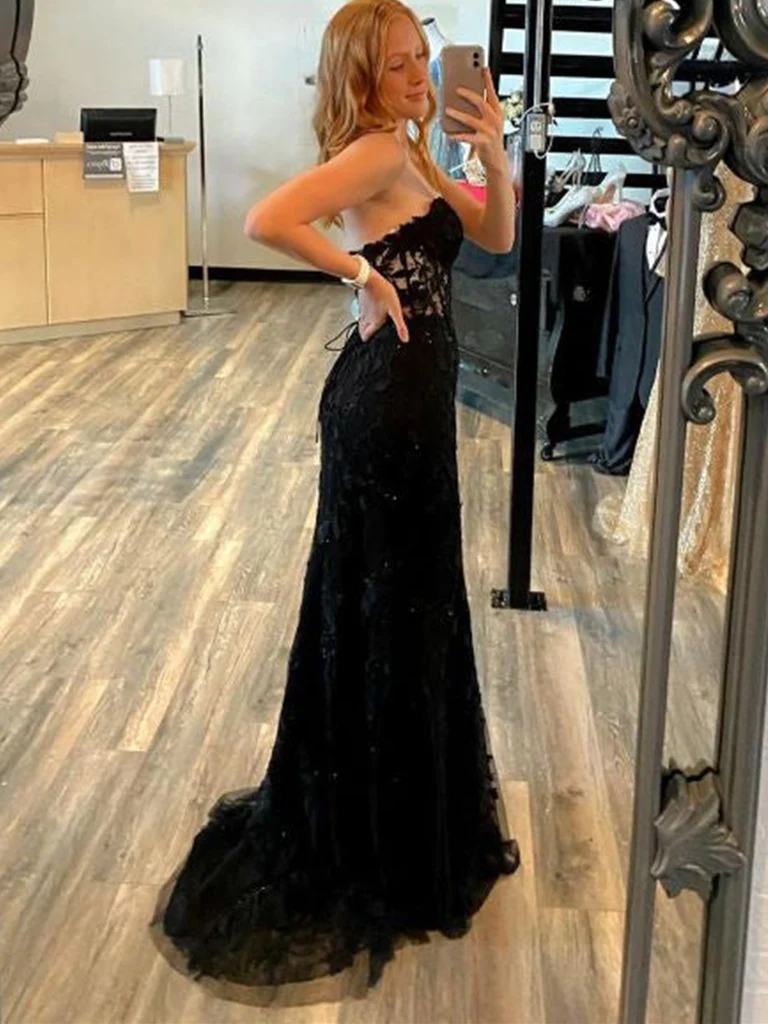Robe de bal longue sirène en dentelle noire dos nu, robe de soirée noire bustier, robe de soirée en dentelle noire Y1794
