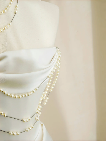 Classy Strapless Satin Pearls Chain White Prom Dress A Line Evening Dress Y8684