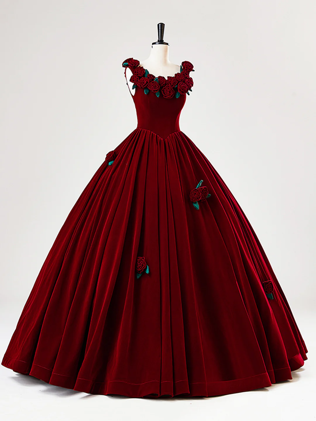 Precioso vestido de quinceañera de terciopelo burdeos, vestido de baile de cumpleaños con flores de rosas Y7750