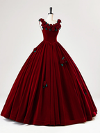 Precioso vestido de quinceañera de terciopelo burdeos, vestido de baile de cumpleaños con flores de rosas Y7750