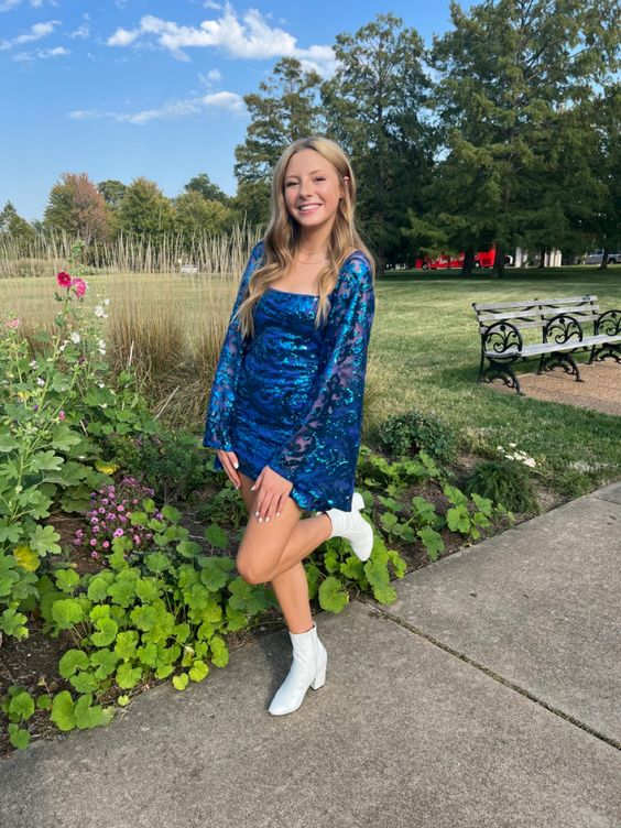 Flare Sleeve Blue Sequin Tight Dress Blue Homecoming Dress Y6270