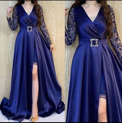 Elegantes vestidos de noche de corte A, escote en V y manga larga Y5786