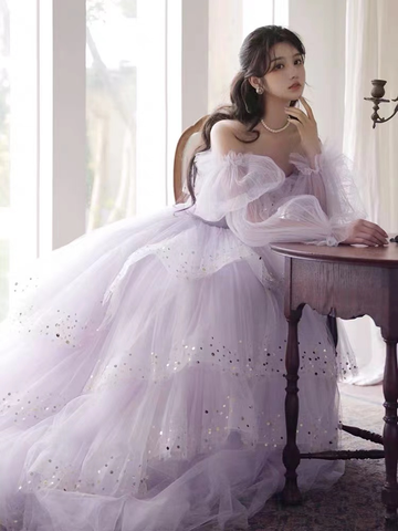 Robes de bal scintillantes, robes de bal violettes, robes de cocktail, robes de bal à épaules dénudées, robes de bal à manches longues Y2408