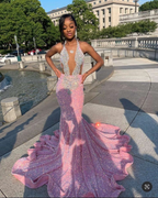 Vestidos de graduación rosa brillante, vestido de noche de sirena rosa con lentejuelas sexys para concursos de belleza Y477