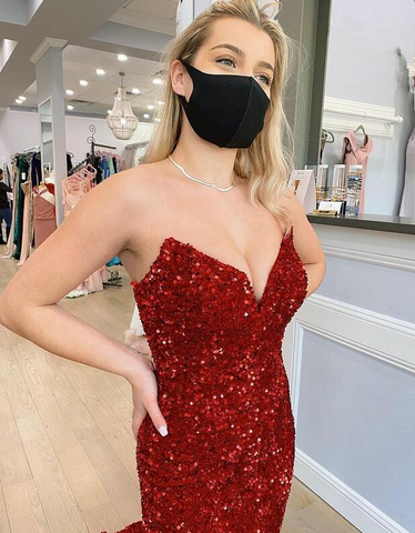 Burgundy Mermaid Strapless Sequins Long Evening Dresses Y1220