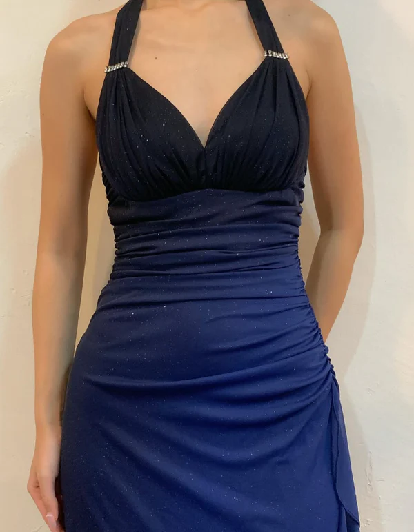 Robe de soirée longue sexy en mousseline bleu marine dégradé à col V et dos nu, référence Y7486