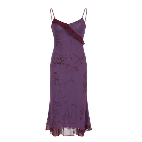 Vestido de noche con volantes y estampado vintage, tirantes morados, estilo baile de graduación Y7876