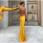 Vestido de noche largo de fiesta, sin espalda y con hombros descubiertos, de satén amarillo Y8466