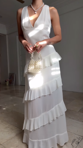 Simple White V Neck Chiffon Ruffle Prom Dress Backless Long Evening Dress Y8500