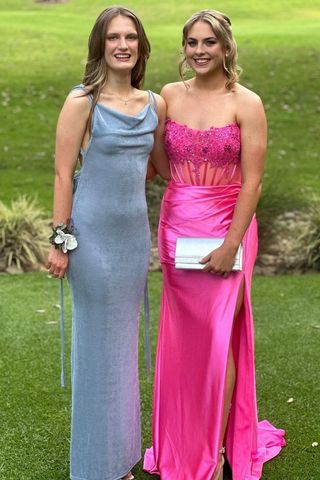 Encantador vestido largo de fiesta sin tirantes con apliques de encaje burdeos y abertura, estilo sirena, modelo Y7883