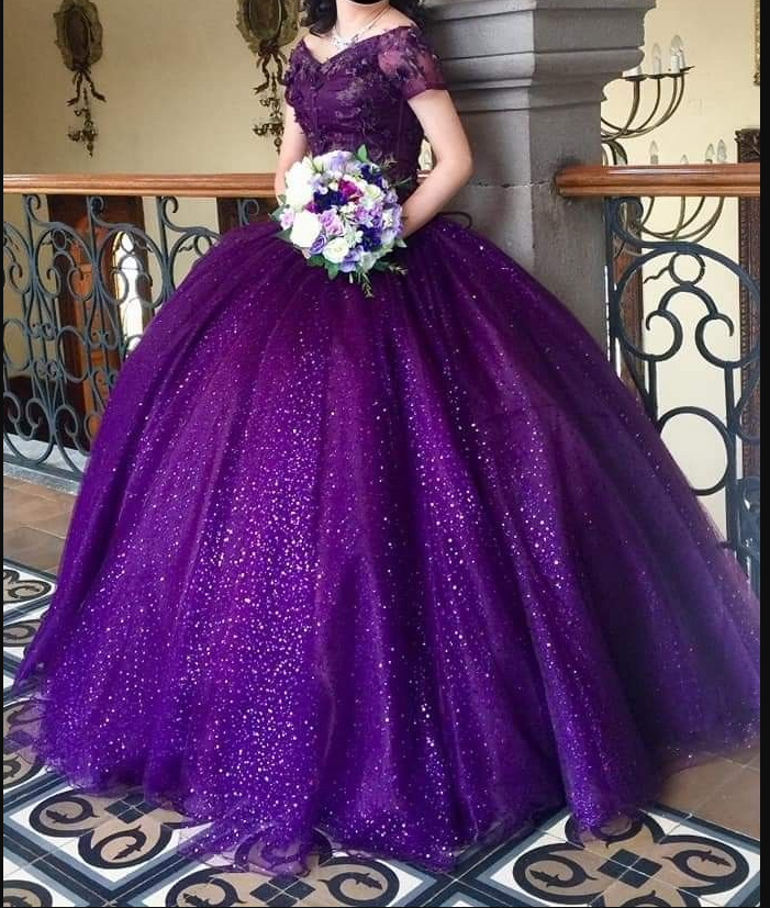 Vestido de gala morado con hombros descubiertos y brillo, vestido de quinceañera morado, vestido para fiesta de 16 años Y4941