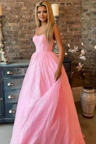 Robe de bal longue en tulle rose brillant, robe de soirée rose à fines bretelles, robe de soirée rose scintillante Y209
