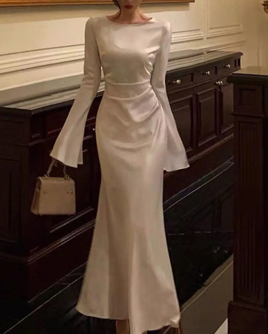 Robe de soirée blanche simple en satin à col rond pour femme Y6894