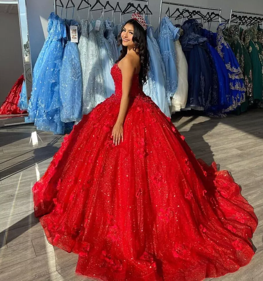 Precioso vestido de gala rojo con apliques de lentejuelas. Vestido de fiesta de corte A sin tirantes Y8213