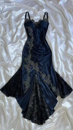 Vestido de noche sirena vintage azul marino con apliques de encaje satinado, estilo baile de graduación Y8497