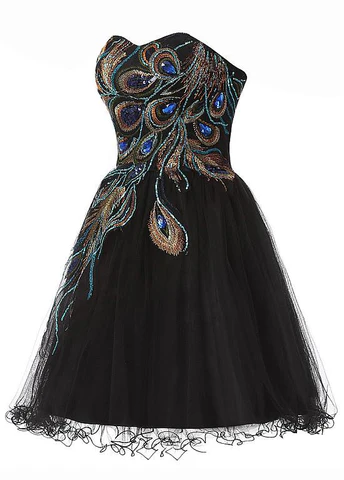 Robe de cocktail courte trapèze en tulle satiné ornée de perles, décolleté cœur, robe de soirée noire Y8483