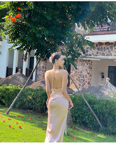 Sexy Halter V Neck Party Dress Champagne Gold Prom Evening Dress Y8211