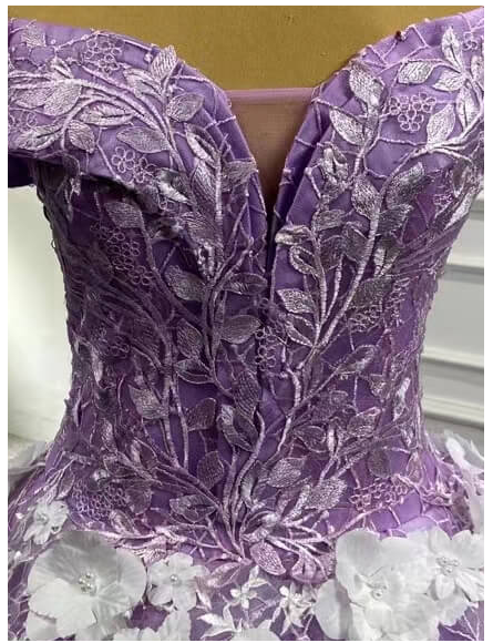 Vestido de quinceañera lila con flores 3D, hombros descubiertos, lujoso vestido de baile Y906