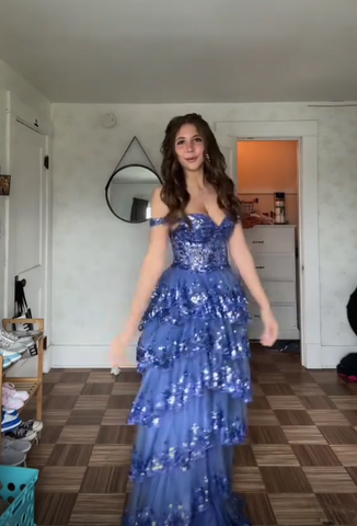 Vestido de noche de tul azul brillante con lentejuelas y capas, vestido de fiesta formal con abertura Y7961