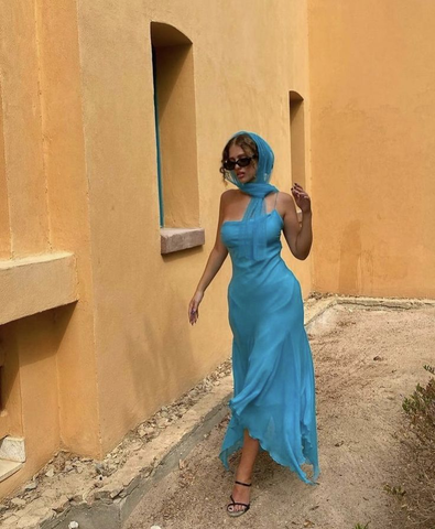 Elegante vestido de noche de fiesta azul de gasa con tirantes finos Y7915