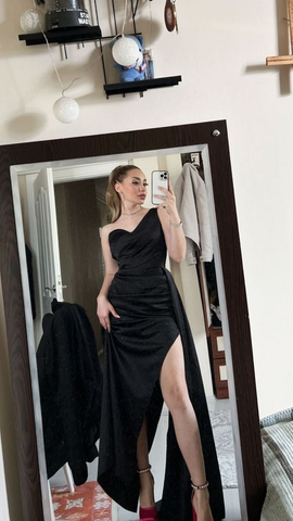 Elegante vestido de fiesta negro de un solo hombro, vestido de noche negro Y5782