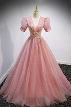 Robe de bal longue en tulle rose à col en V, coupe trapèze, manches courtes, Y892