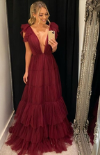 Vestido de noche de tul con escote en V profundo y corte en A Y5931