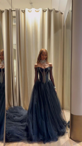 Elegant Navy Blue Tulle Beaded Long Prom Dress Off Shoulder Party Evening Dress Y8380