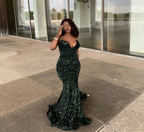 Robe de bal sirène sexy à paillettes, longue robe de soirée vert foncé pour femme, Y4329