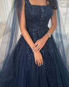 Vestido de gala de lujo azul marino con purpurina, escote cuadrado, tul y mangas largas Y4883