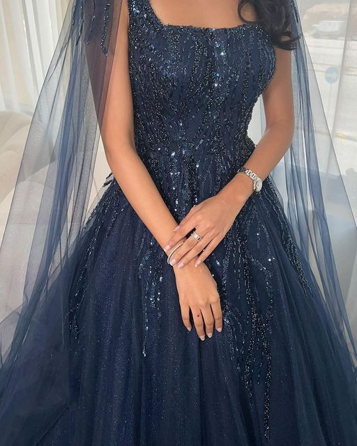 Vestido de gala de lujo azul marino con purpurina, escote cuadrado, tul y mangas largas Y4883