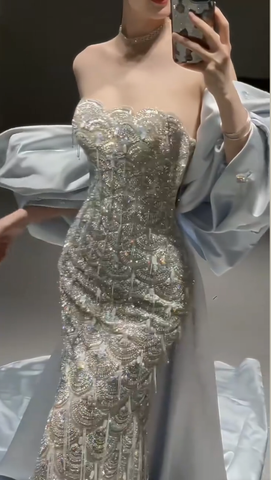 Sparkly Satin Beaded Mermaid Evening Dress Long Prom Dress With Bow Y8330