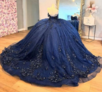 Precioso vestido de fiesta azul marino con apliques de tul, vestido de gala brillante para cumpleaños Y7837