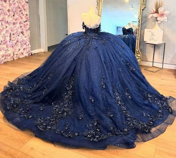 Precioso vestido de fiesta azul marino con apliques de tul, vestido de gala brillante para cumpleaños Y7837