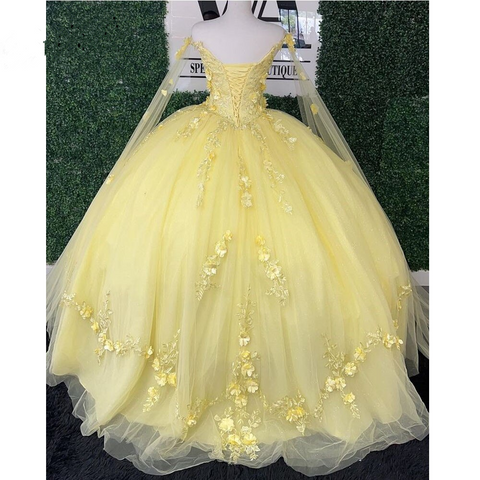 Robe de quinceañera jaune pailletée à bretelles spaghetti et drapée, robe de bal Sweet 15 ornée de fleurs 3D et de perles Y4050