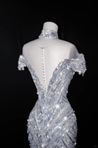 Robe de soirée sirène en tulle à paillettes et perles, épaules dénudées, style Y8685