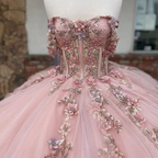 Robe de bal rose en tulle ornée d'appliqués floraux, modèle Sweet 16 Y527